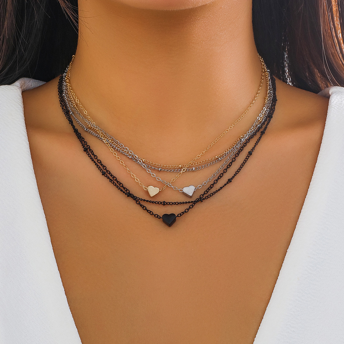 European and American cross-border jewelry punk personality mixed color fine chain necklace geometric round bead chain heart-shaped multi-layer necklace for women full figure