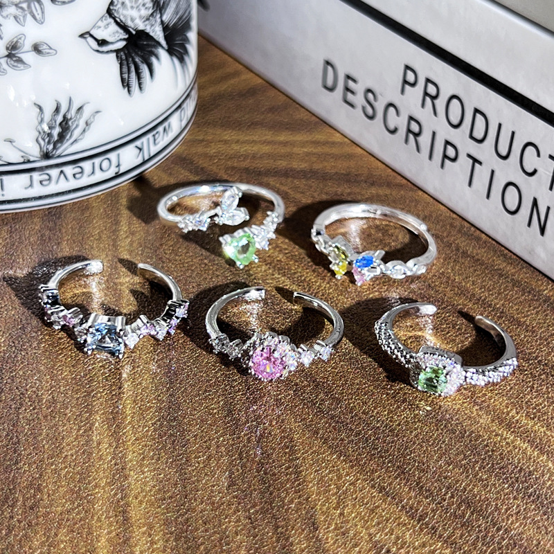 Light luxury Korean-style small cube sugar open ring, women's colored diamond butterfly heart zircon, niche cold style fashionable index finger ring details Picture