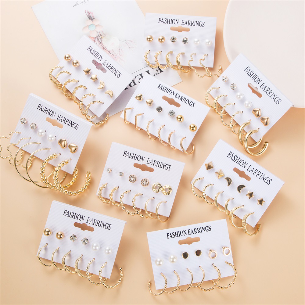 New French retro gold ear rings, diamond star moon heart-shaped pearl stud earrings, C-shaped earrings from Europe and America full figure