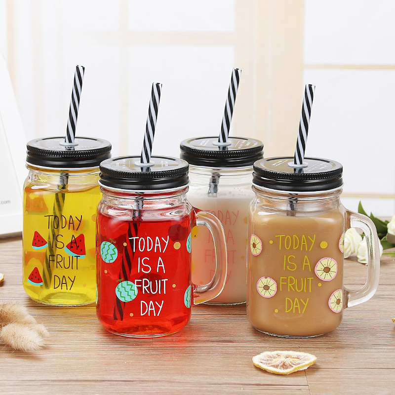 Summer fruit creative Mason Cup, cute glass cup, cold drink cup, juice beverage cup, straw cup with lid, 500ml details Picture