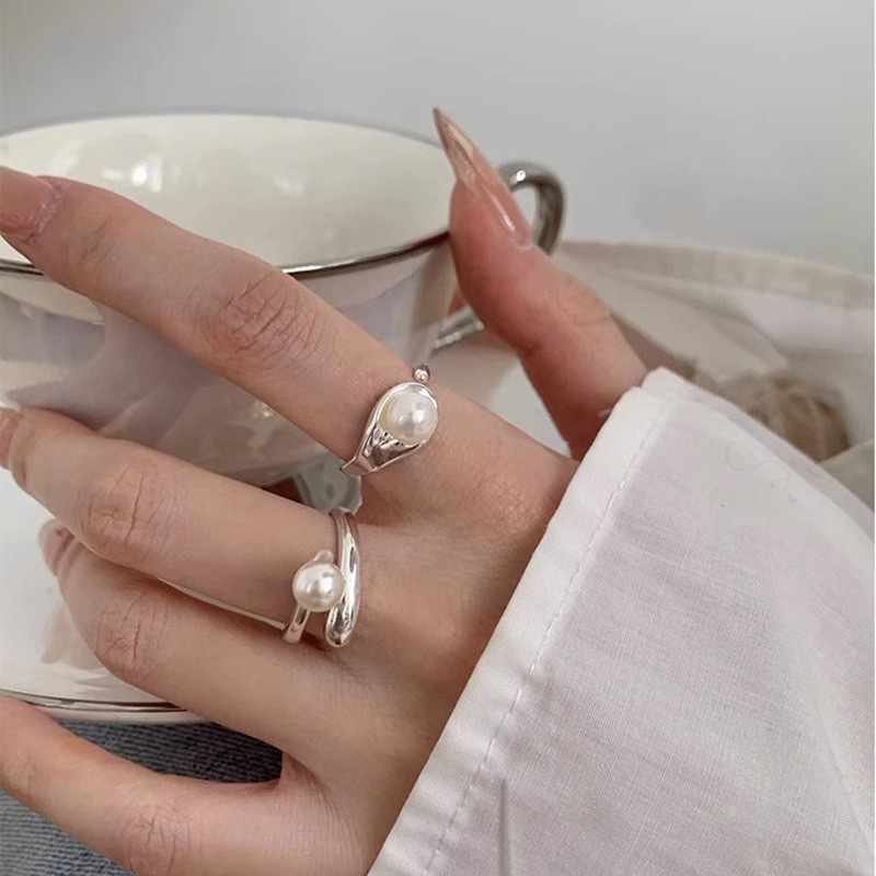 French irregular niche design, high-end pearl opening ring, women's fashionable and individual index finger ring new style ring full figure