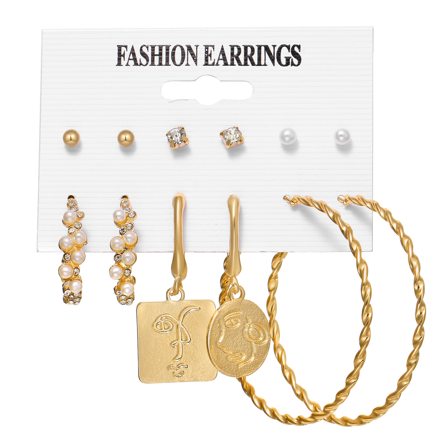 A 6-piece set of metal circle chain stud earrings, creative and personalized cross-border heart-shaped pins, butterfly stud earrings details Picture