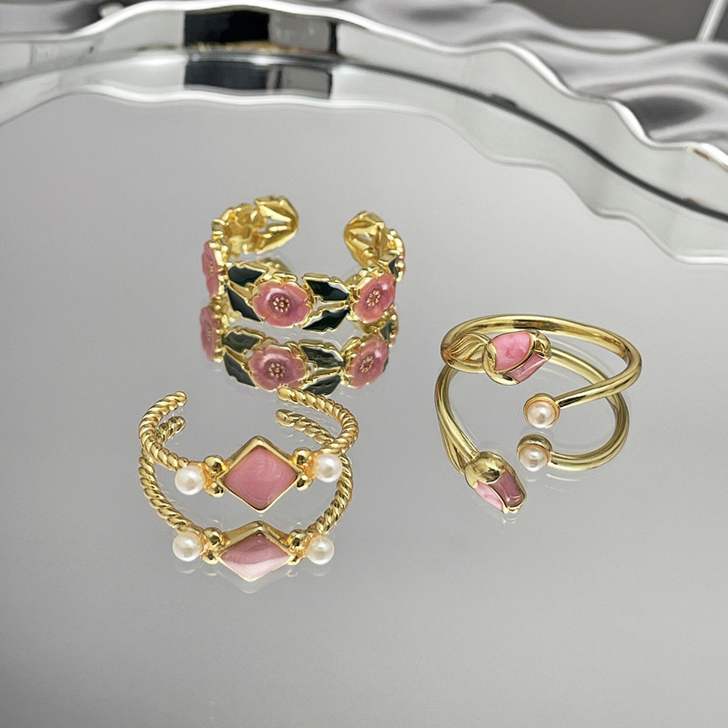 French retro enamel rose flower drop glaze open ring for women's ins cold style sweet cool fashion versatile ring full figure
