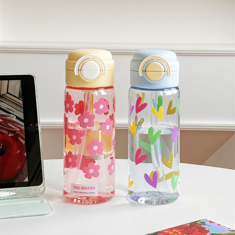 Tritan bouncing double-drinking handle straight cup, cute cartoon plastic water cup, student high appearance level double-drinking spout straw cup full figure
