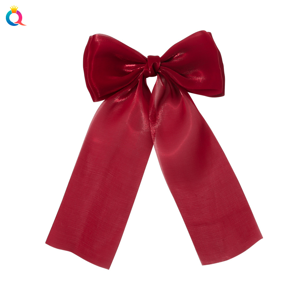 New Qiyue Korean version ribbon bow hair clip, long shiny yarn bun hair clip, duckbill clip, edge clip hair accessory Item Picture