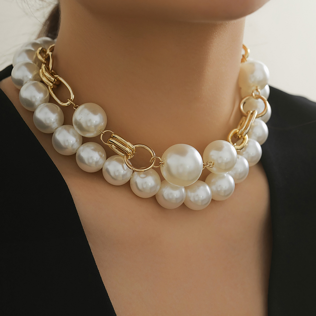 European and American cross-border jewelry creative punk style round bead double-layered wearing necklace necklace exaggerated metal chain full figure