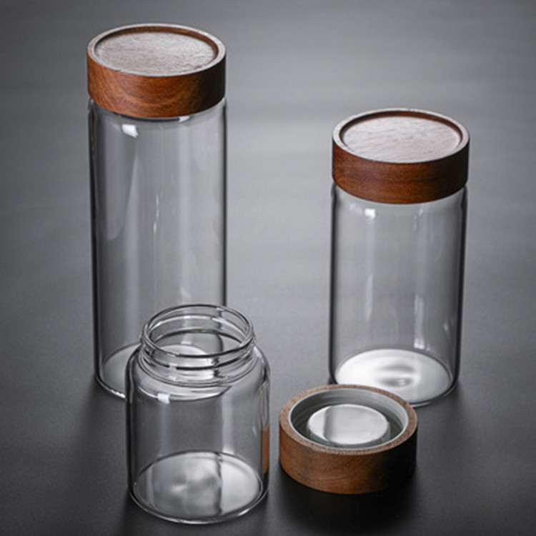 Large threaded mouth acacia wood storage jar, kitchen storage jar, sealed glass jar, glass sugar jar for grains and cereals Application Scenario