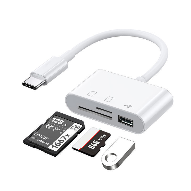 The Type-C three-in-one OTG card reader is a multi-functional adapter suitable for mobile phones, tablets, cameras, memory cards and tf cards Application Scenario
