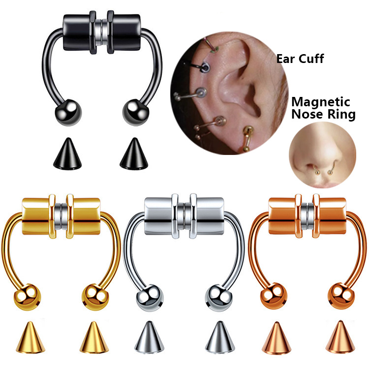 Cross-border new product: Stainless steel magnetic artificial nose ring, non-perforated nose band ring, horseshoe ring, body piercing accessory full figure