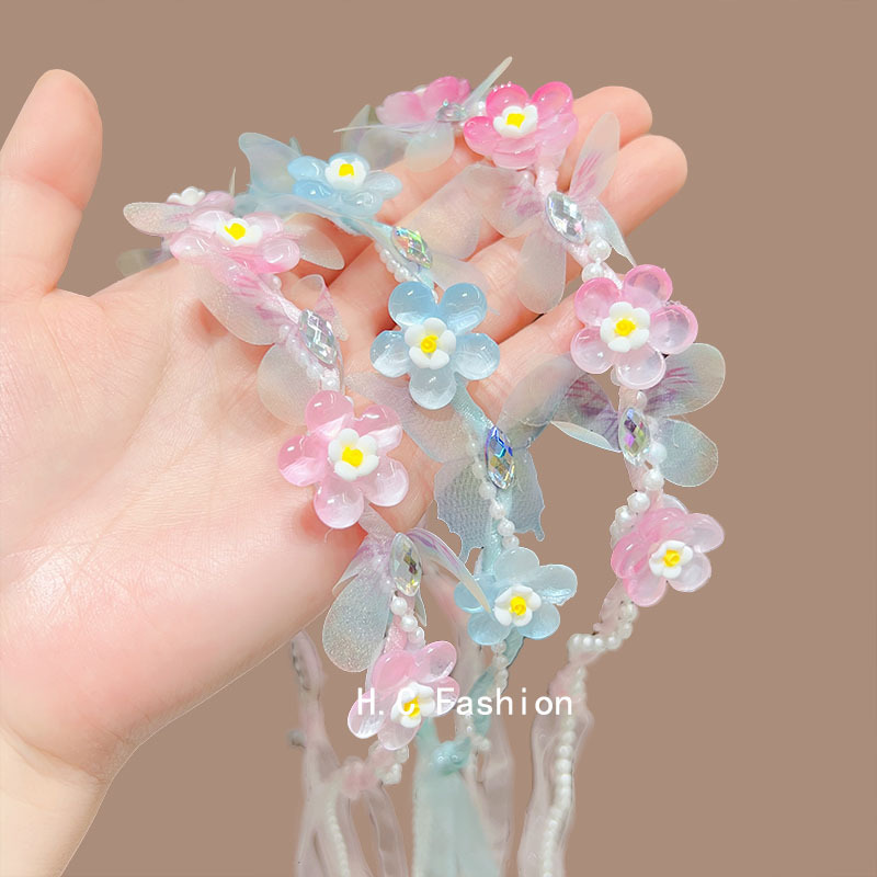 Girls' flower wreath headband, ribbon princess butterfly flower braid headpiece, ancient style super fairy-like children's headband, children's hair accessory full figure