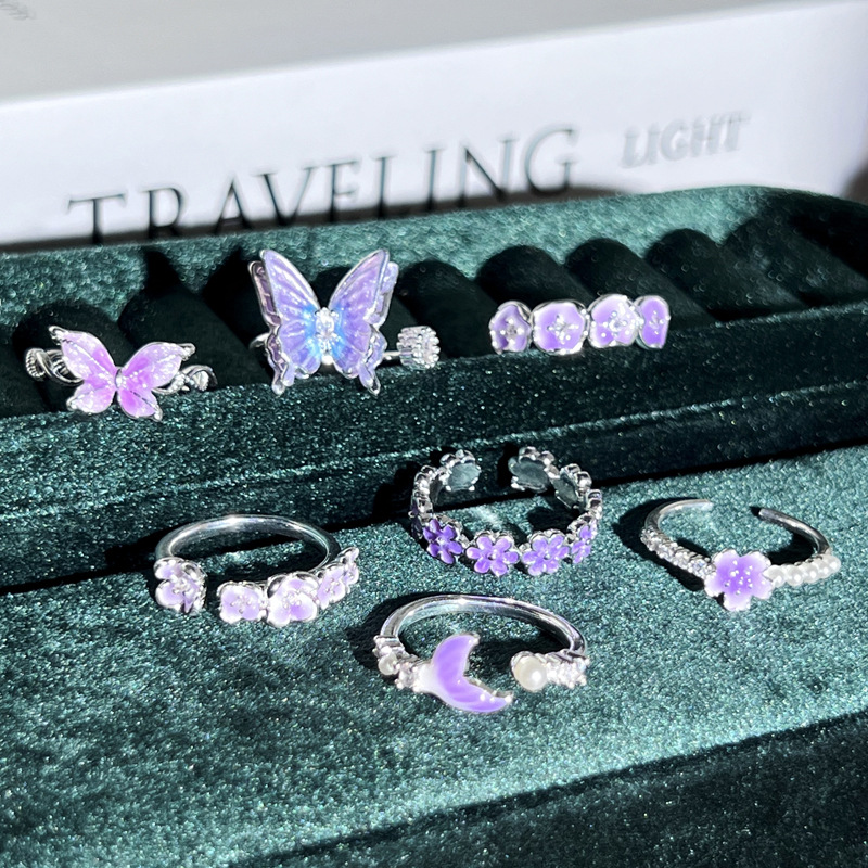 A super sweet and ethereal taro and violet gradient flower style open ring for women, a simple and versatile silver ring Application Scenario