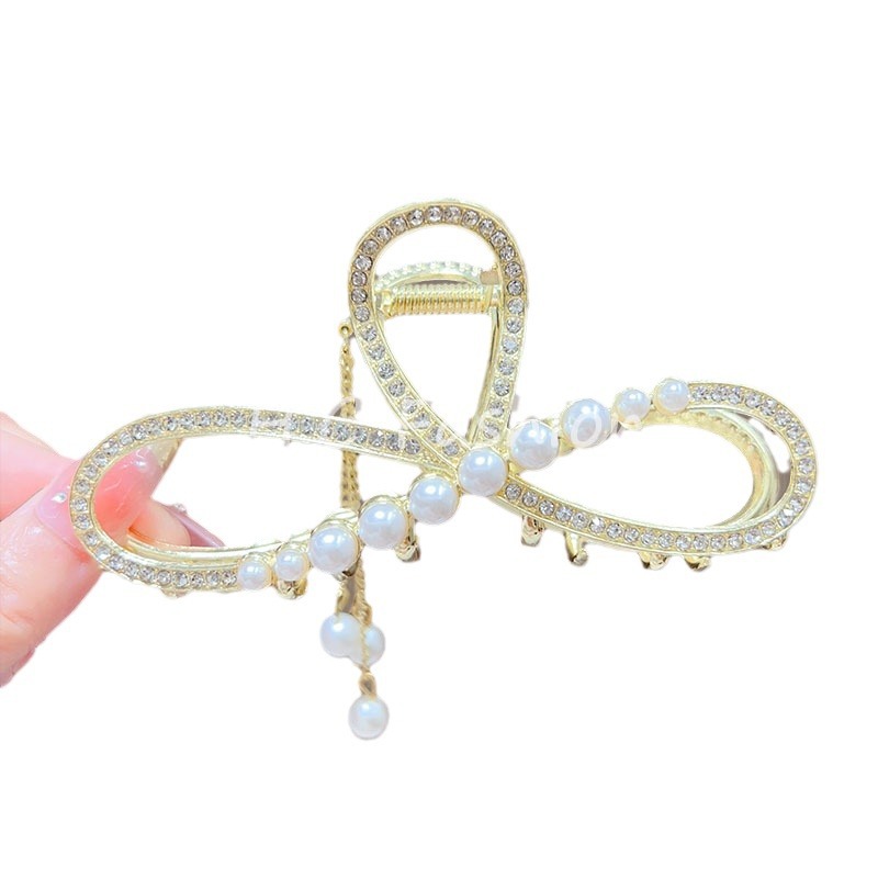 New light luxury bow, figure-eight pearl tassel, women's large French back head bun hair clip accessory Item Picture