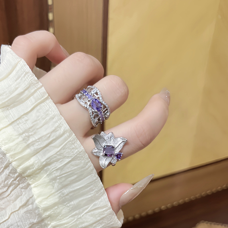 A light luxury purple diamond zircon sweet and cool flower open ring for women on Instagram, with a cold style and a niche high-end feel details Picture