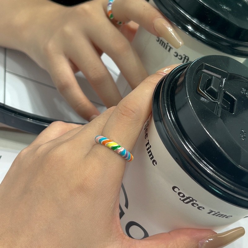 Sweet and cool retro drip glaze rainbow dopamine ring, a high-end female summer personality, sweet candy-colored open ring details Picture