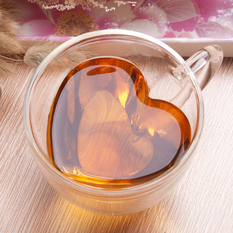 Double-layer glass cups, transparent glass water cups, creative heart-shaped glass cups, coffee cups, household high borosilicate water cups wholesale Specification drawing