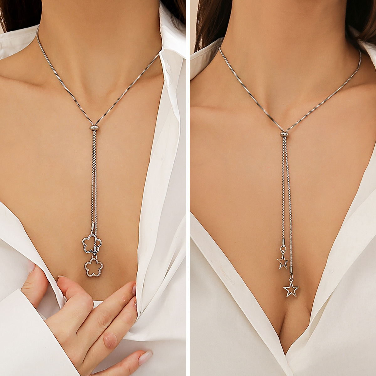 European and American cross-border accessories: Simple sweater chain, versatile for women necklace niche flower star fine chain necklace full figure