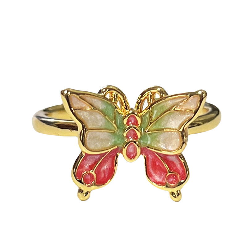 A new Chinese-style color gradient butterfly drip glaze open ring for women, with a refined, light luxury and high-end style, is a sophisticated index finger ring Item Picture