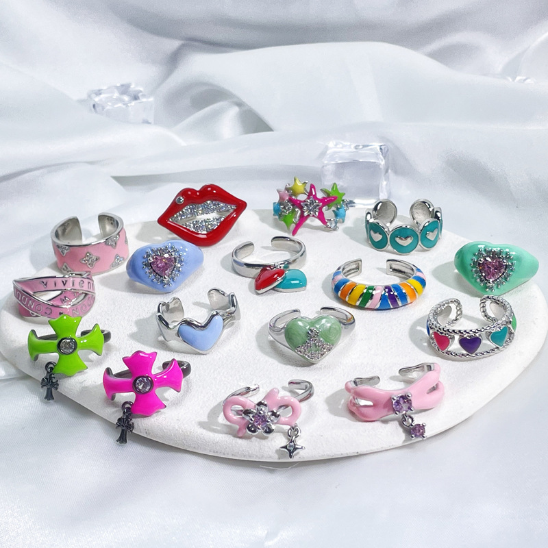 Dopamine colored glazed heart-shaped bow open ring, sweet, cool, fashionable and exquisite layered, trendy and unique ring for women full figure