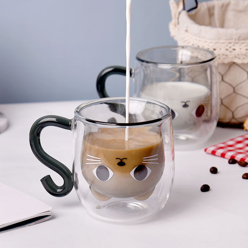Creative cartoon cat double-layered cup, household large-capacity drinking cup with handle, transparent high-temperature resistant glass coffee cup Specification drawing