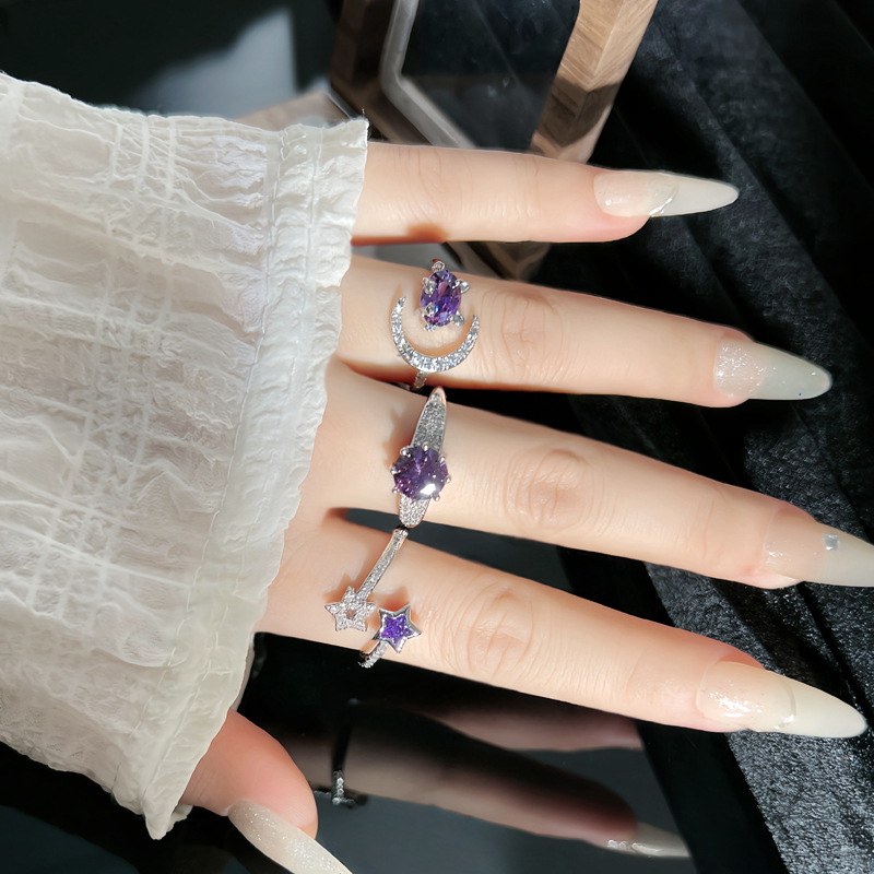 Korean internet-famous light luxury purple diamond French sweet and cool star opening ring, a fashionable and versatile ring for women's little rabbit details Picture
