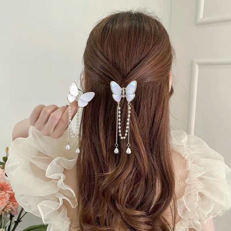 Elegant and refined butterfly tassel hair clip, women's Chinese-style semi-tied ponytail clip, back of the head hair tie clip, sweet hair accessory Specification drawing