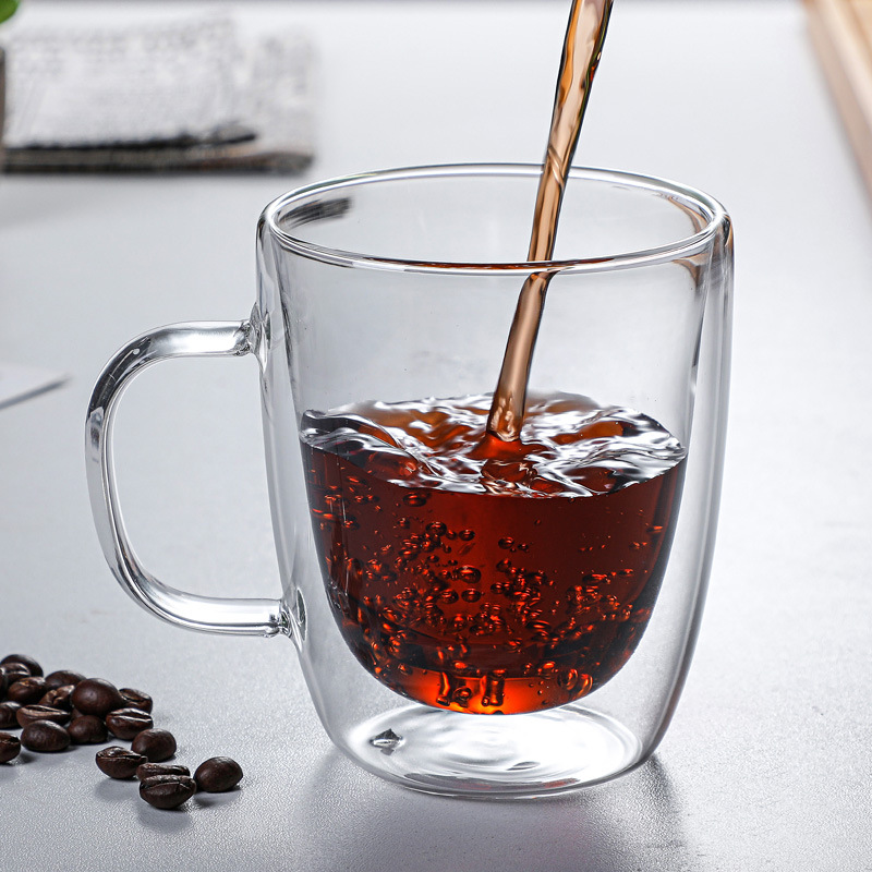 Double-layer mugs, high-temperature resistant tea brewing cups, household coffee cups with handles, double-layer glass cups, breakfast milk cups Application Scenario