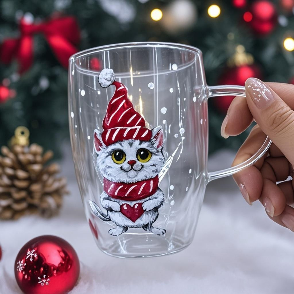 Customized Christmas gift water cups, double-layer high borosilicate glass cups with handles, high-temperature resistant household creative cartoon cups full figure