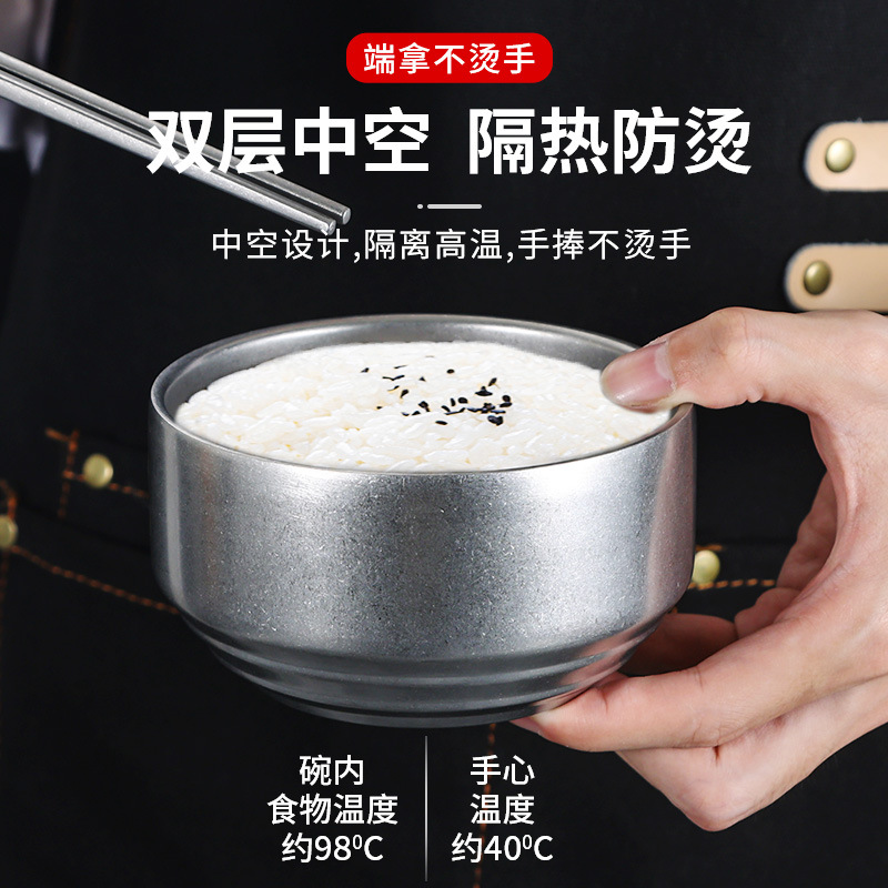 Retro stainless steel rice bowls and soup bowls, 304 with LIDS, household double-layer heat-resistant cooking bowls, Korean-style tableware small bowls for restaurants details Picture