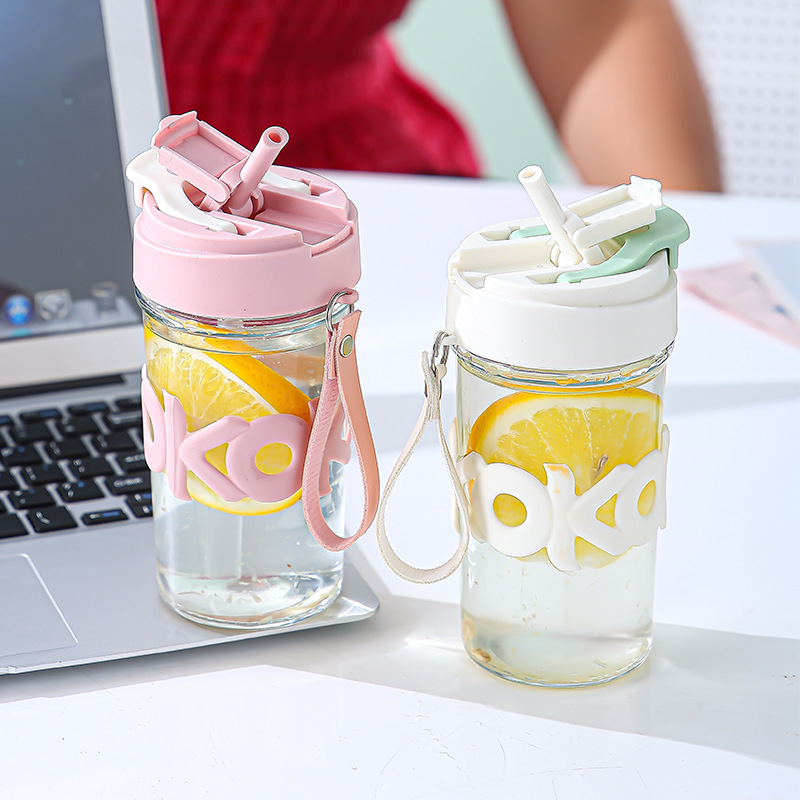 Heat-insulating glass cup, double-drinking cup with one lid, office and home use, high appearance level water cup, portable handle coffee straw cup Specification drawing