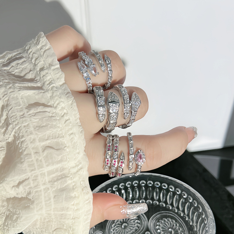 French light luxury high-end snake-shaped full diamond open ring for women's Instagram cold style, versatile, simple and elegant index finger ring details Picture