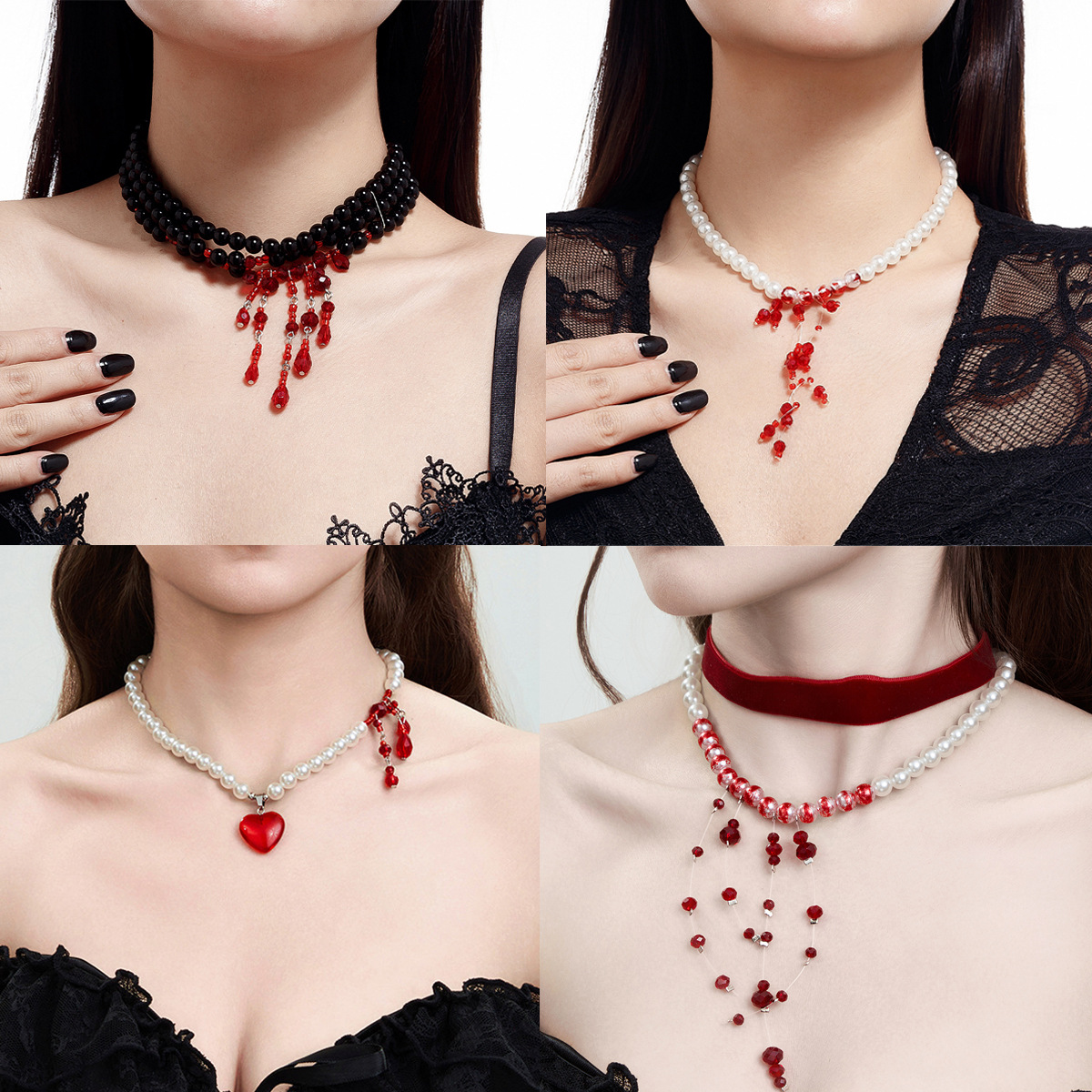 European and American cross-border accessories, Gothic style pearl necklace, choker Halloween blood drop tassel crystal collarbone chain details Picture