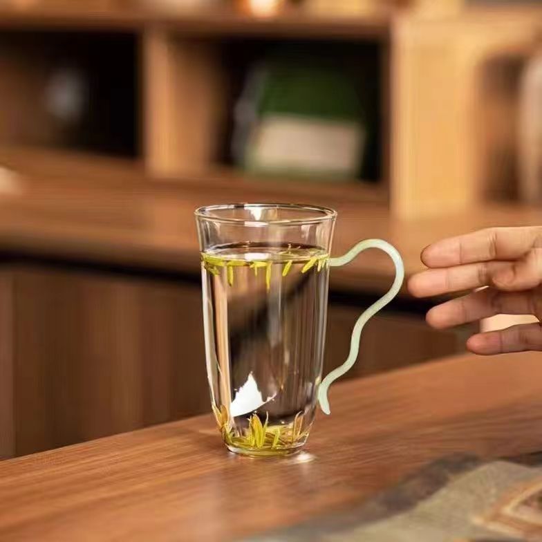 Colorful handle green tea cup, high borosilicate glass cup, household Gongfu tea set, juice cup, high appearance level, colorful handle green tea cup Specification drawing