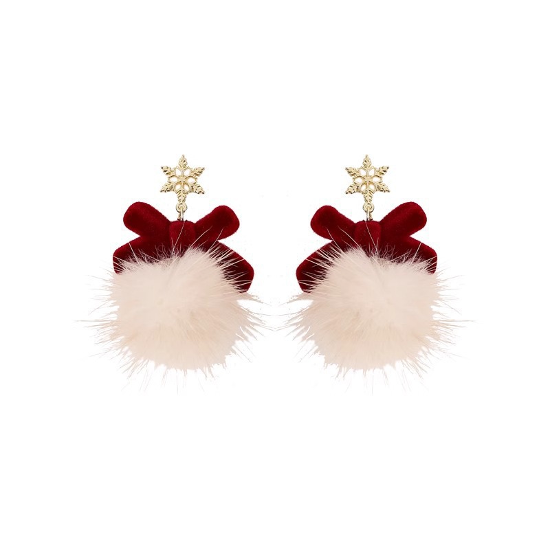 2025 New Spring Festival earrings, snowflake furball earrings, women's autumn and winter plush earrings, red bow earrings and stud earrings Item Picture