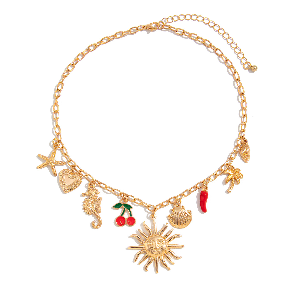 European and American cross-border jewelry, vacation cherry and chili oil drip pendant necklace, retro ocean style alloy collarbone chain Item Picture
