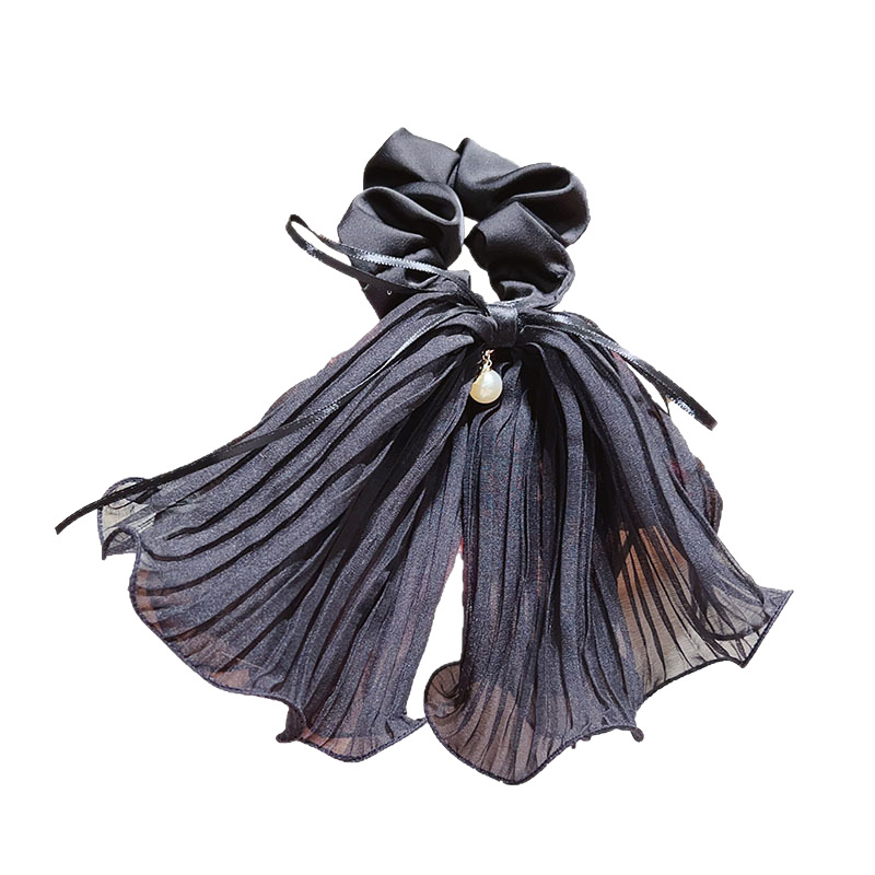 The super ethereal pleated black fungus edge double-layer mesh ribbon bow hair tie is gentle and versatile, with a hair tie and hair accessory Item Picture