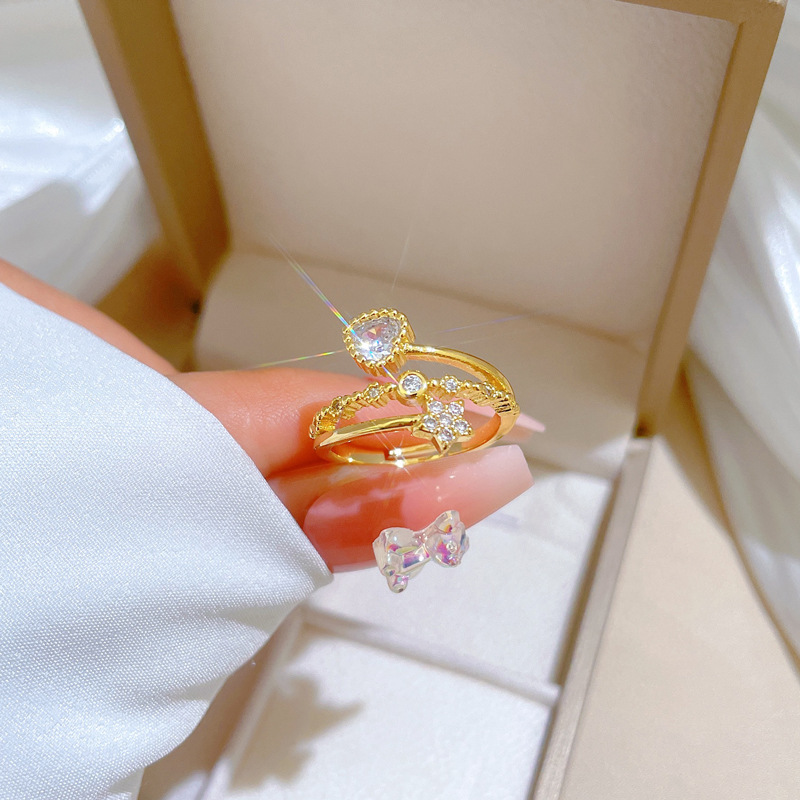 【 Real Gold 】 Heart-shaped star-studded ring with adjustable opening, simple Japanese-style bracelet, couple rings full figure