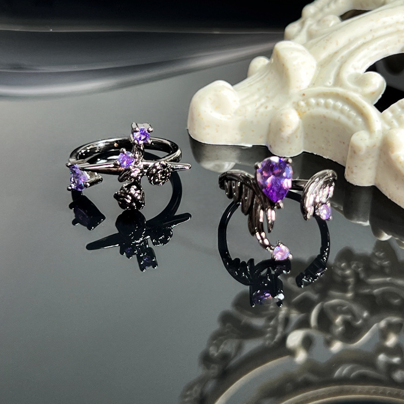 Punk dark cross purple diamond flower opening ring, a gender-neutral style, sweet and cool, spicy girl, high-end and trendy index finger ring Specification drawing