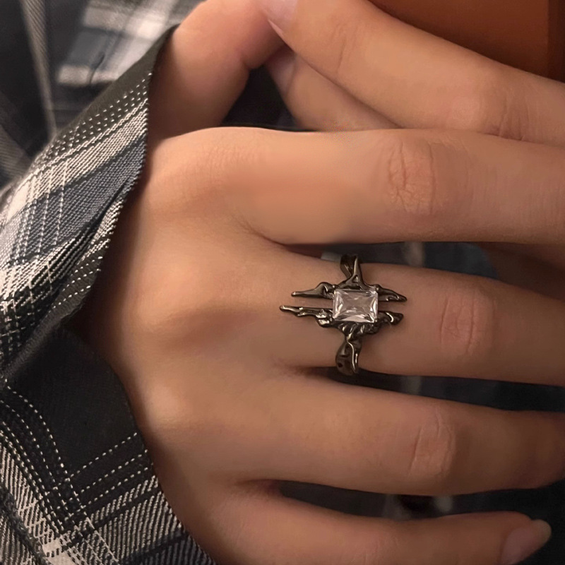Dark style, niche design sense, black cross-star zircon open ring, fashionable, individual and cool ring for women Specification drawing