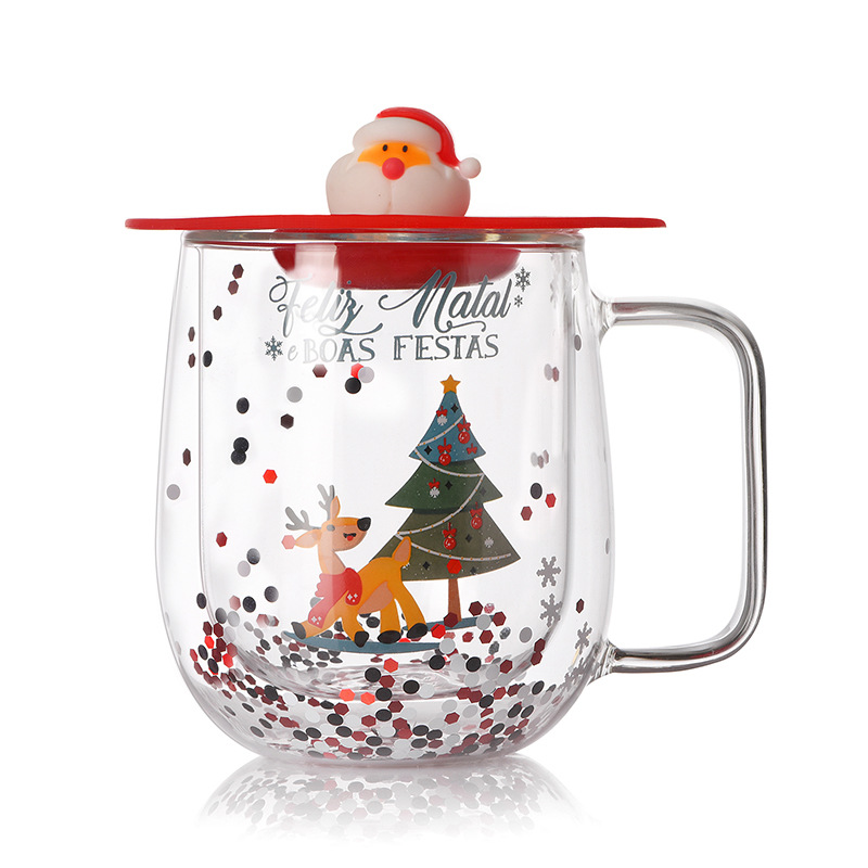 Wholesale high borosilicate glass cups, double-layer insulated water cups, household cups with handles, high appearance level Christmas cups, welfare products Item Picture