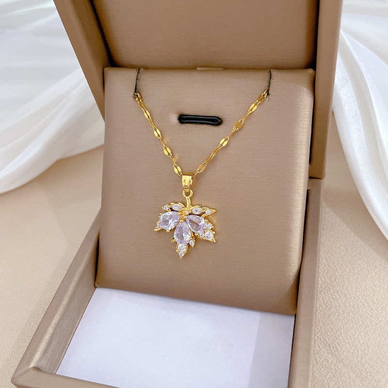 【 Titanium Steel 】 Micro-inlay necklace and earring set, light luxury Maple leaf Full diamond, personalized and elegant banquet earrings and necklaces combination Specification drawing