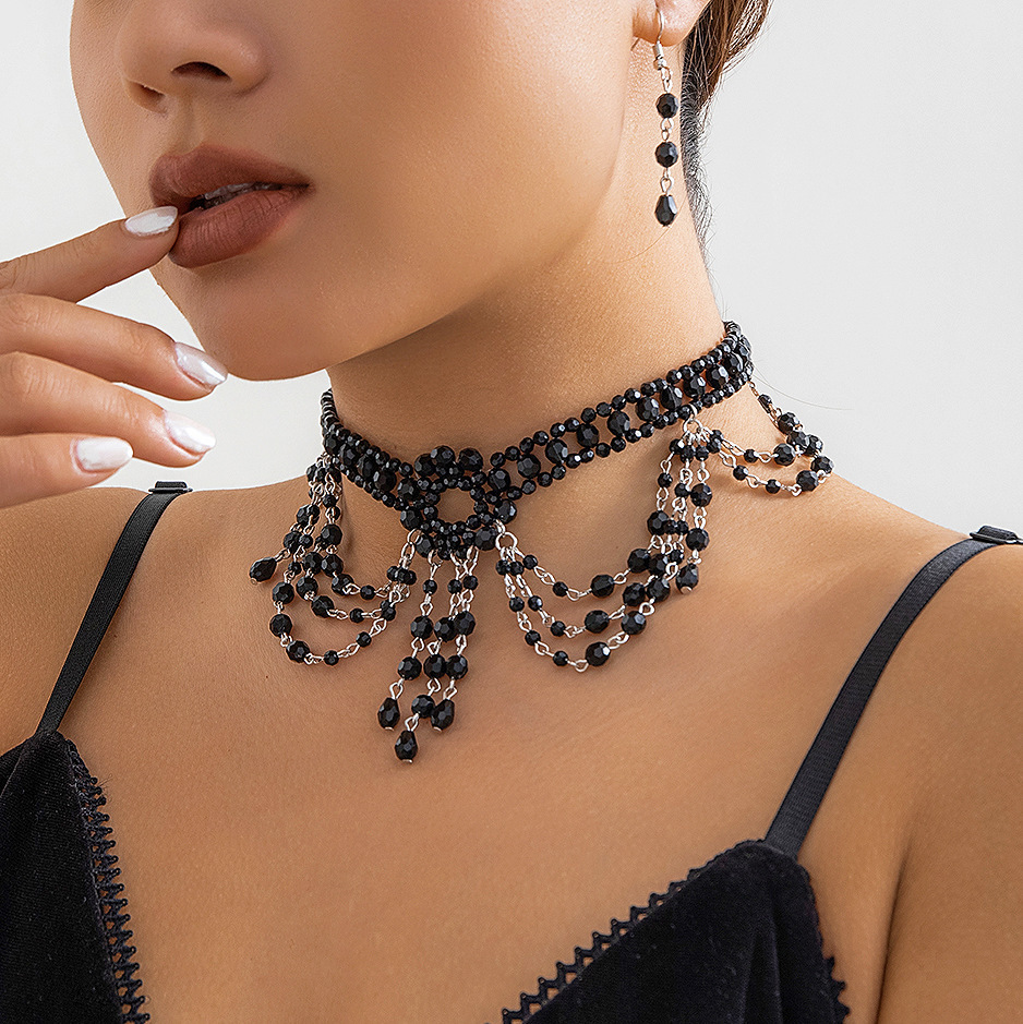 European and American cross-border Gothic style beaded woven crystal choker set, dark tassel necklace accessory for women's personality full figure