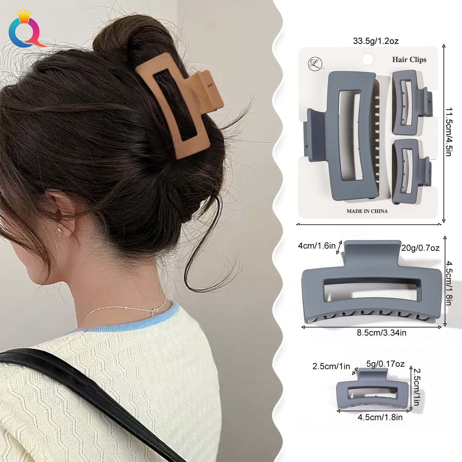 Qiyue high-end square-shaped hair clip set, ins simple hair clip, Women's ponytail shark clip hair accessory wholesale details Picture