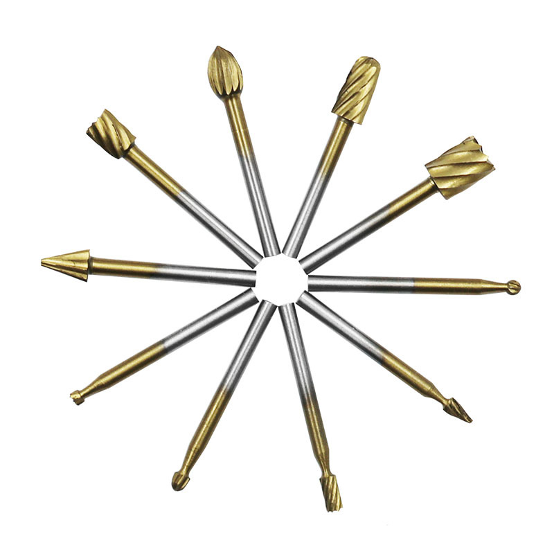 10-piece set of electric grinding accessories, high-speed steel rotary file for woodworking, titanium-coated woodworking milling cutter, wood carving and engraving cutter Specification drawing