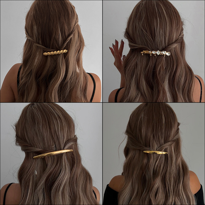 French-style simple arc-shaped metal hair clip with diamond inlaid at the back of the head, a new cross-border high-end updo hair clip full figure