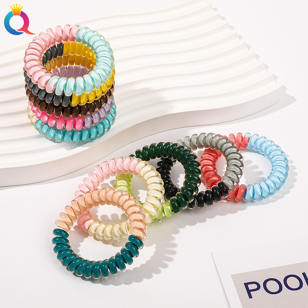 Qiyue Cross-border Amazon jelly-colored telephone line hair tie, color-matching hair tie, high-elasticity sweet hair tie wholesale full figure