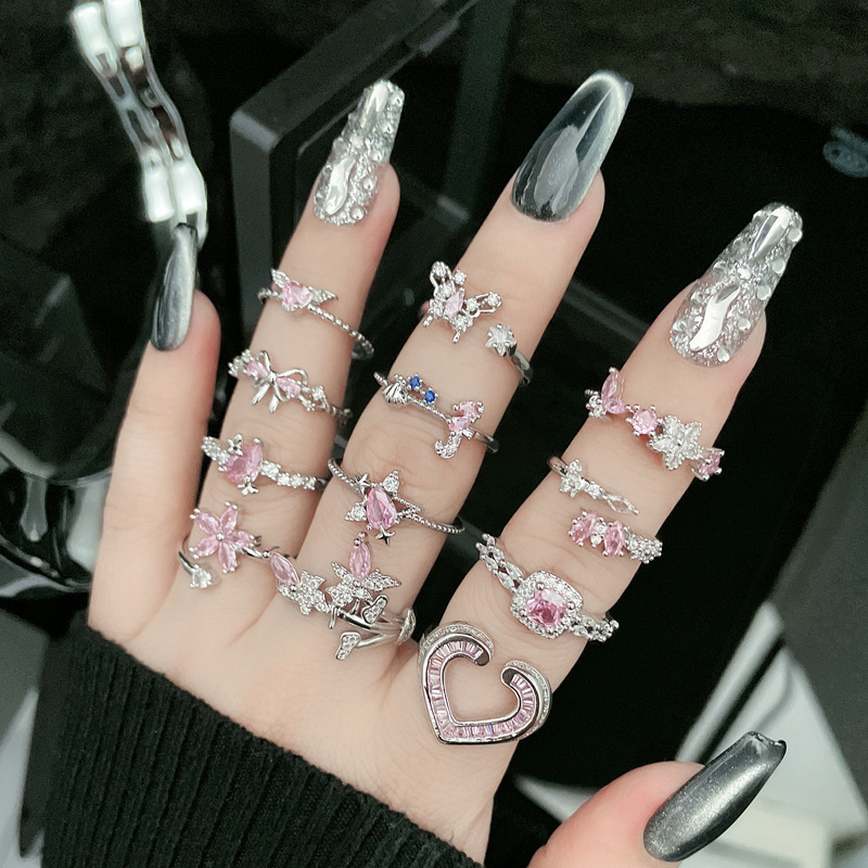 Sweet and cool pink diamond butterfly irregular simple and fashionable open ring, adjustable for women, cold style, layered and niche ring full figure