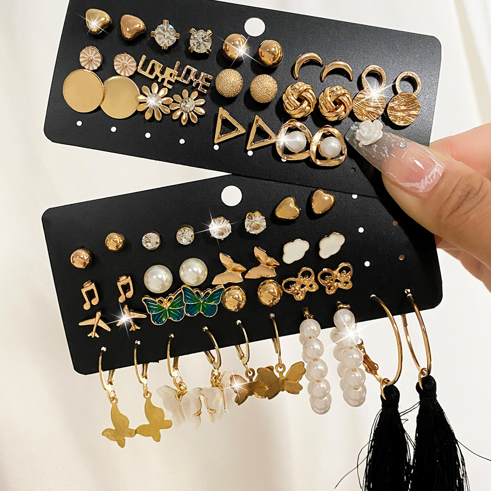 Cross-border earrings Butterfly Pearl Zircon heart Stud set 16 pairs simple earrings earrings set batch full figure