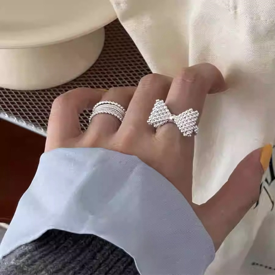 Korean bubble three-dimensional bow ring for women, S925 silver, light luxury, niche and high-end, fashionable open index finger ring details Picture