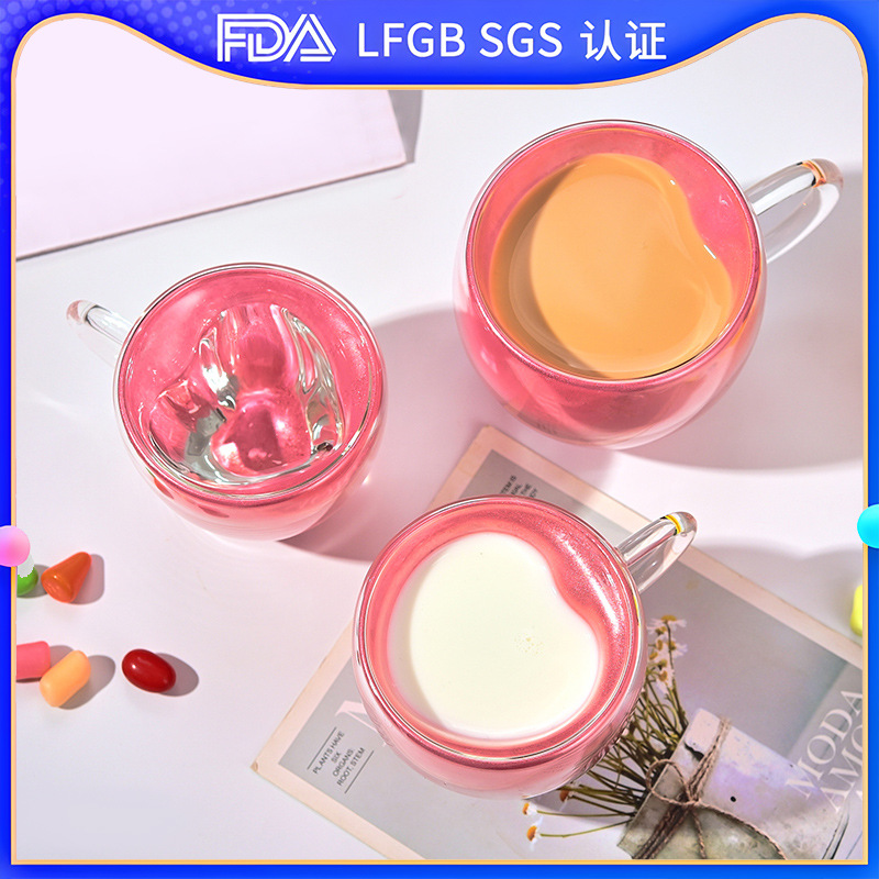 Simple double-layer high appearance level glass cup with handle, couple gift, heart-shaped high borosilicate milk and juice cup, household cup full figure