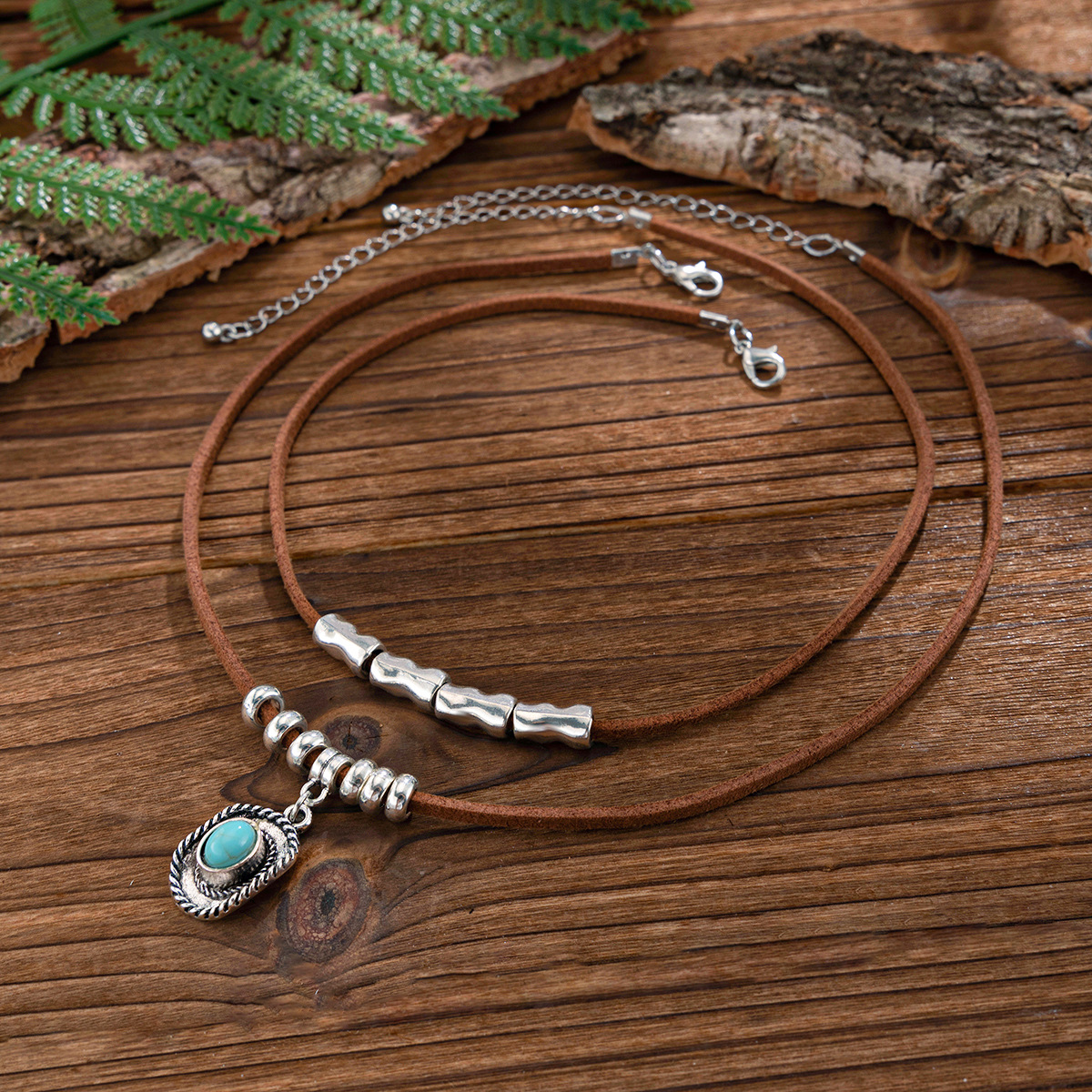 European and American cross-border jewelry, ins-style irregular turquoise necklace set, cactus alloy pendant, necklace and collar Specification drawing